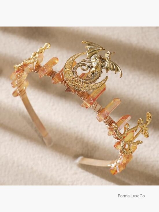 Crystal Tiara Crown with Raw Quartz & Gold Dragon for Women Wedding Prom main image 6